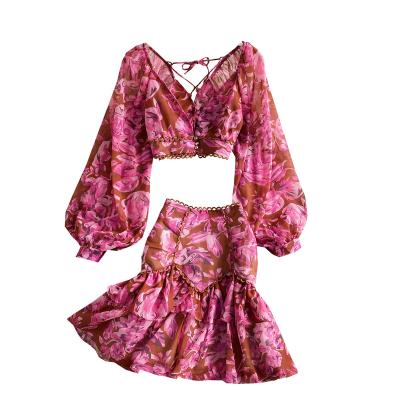 China Anti-Static Sexy Two Piece Sets Elegant V-Neckline Chiffon Long Sleeve Shorts Tops Ruffles Mini Skirt Female Printed Suit New for sale