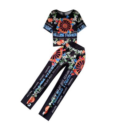 China Printed Casual Women's Sets Waterproof 2022 Summer New Fashion Two-Piece Set Outfits O-Neck Short Ankle-Length Pants for sale