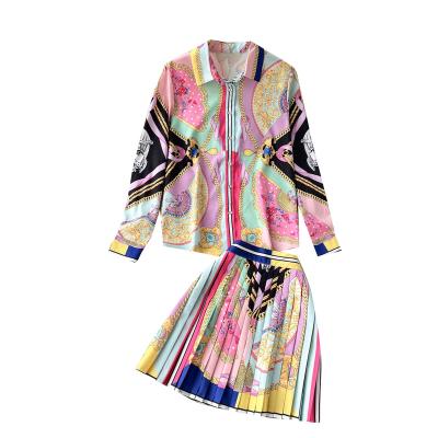 China Elegant Waterproof Women Printed Square Autumn Women Long Sleeve Turn-Down Collar Shirt Pleated Mini Skirt Slim Two Piece Line Set for sale