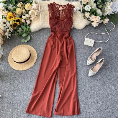 China New QUICK DRY Beach Full Sexy Lace Hollow Out O-Neck Tank Jumpsuit Summer Women Slim Wide-Legged Playsuit Vacation Romper for sale