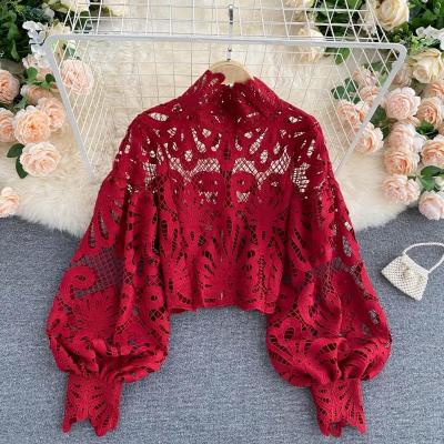 China Viable Sexy Lace Hollow Out Red/Pink/White Female Long Sleeve Stand Collar Short Casual Shirts Female Elegant Loose Lantern Blouse Tops for sale