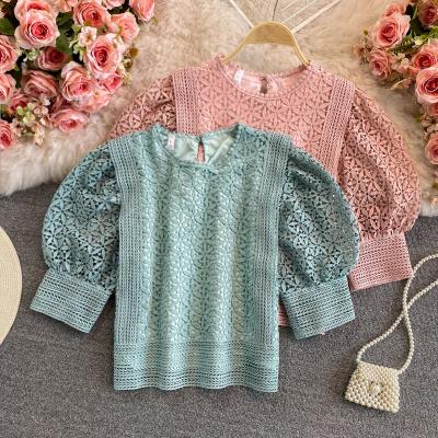 China Elegant Fashionable Summer Lace Crop Tops Women Solid O-neck Puff Sleeve Hollow Out Blouse Ladies Clothes Blusas Femininas for sale