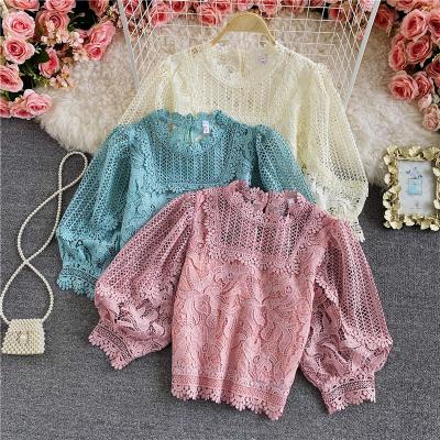 China Elegant Fashionable Summer Viable Lace Crop Tops Solid Short Sleeve Hollow Blouse Ladies Vintage Blusas Femininas Clothes Women for sale