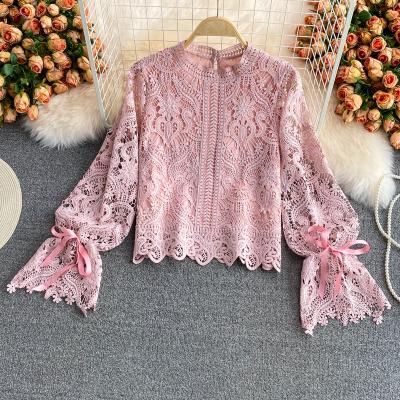 China Autumn Elegant Lace Tops Women Solid Stand Collar Spring Flare Long Sleeve Hollow Out Blouse Ladies Clothes Blusas Femininas for sale