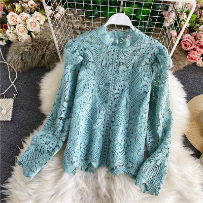 China Autumn Fashionable Elegant Lace Tops O-neck Solid Workable Women's Long Sleeve Spring Hollow Out Blouse Ladies Clothes Blusas Femininas for sale