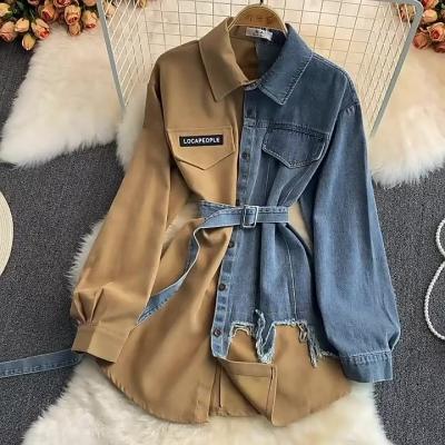 China Fashion Viable Denim Lapel Splicing Shirt Dress New Korean Asymmetrical Style Women's Long Denim Blouses Tops Shirt Ladies for sale