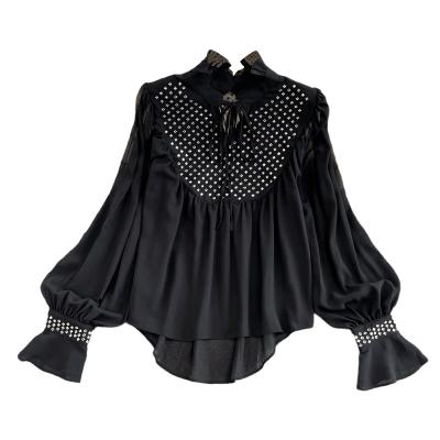 China Autumn Ladies Long Flare Stand Ruffles Collar Elegant Casual Tops Viable Women's Blouses And Shirts Sleeve Diamonds for sale