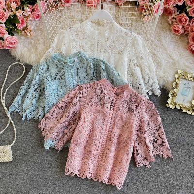 China Sleek Fashionable Elegant Summer Lace Crop Tops Women Solid O-Neck Short Sleeve Hollow Out Blouse Ladies Clothes Blusas Femininas for sale