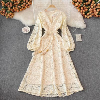 China Vestidos Elegantes Para Cavity Maxi Dress V-Neck Sleeve Lace Autumn Spring Women Vintage Viable Bridesmaids Dresses Long for sale