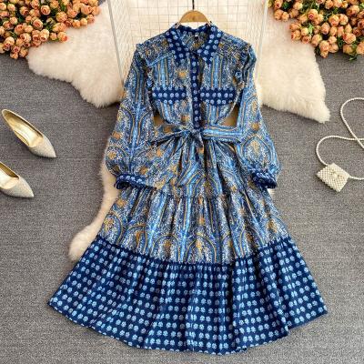 China Vintage Women Viable Bridesmaids Dresses Spring Casual Dress Vestidos Elegantes Para Mujer Print Autumn Long Puff Sleeve Floral for sale