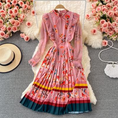 China Viable Bridesmaids Dresses Vintage Women Spring Autumn Long Sleeve Floral Print Pleated Casual Dress Vestidos Elegantes Para Mujer for sale