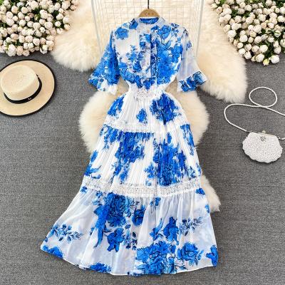 China Vintage Women Summer Stand Collar Floral Print Short Sleeve Vestidos Elegantes Para Mujer Casual Bridesmaids Dresses Viable for sale