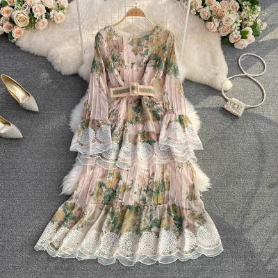 China Vintage Women Viable Bridesmaids Dresses Spring Casual Dress Vestidos Elegantes Para Mujer Floral Print O-Neck Long Sleeve for sale