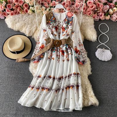 China Vintage Women Viable Bridesmaids Dresses Spring Casual Dress Vestidos Elegantes Para Mujer Floral Print O-Neck Long Sleeve for sale