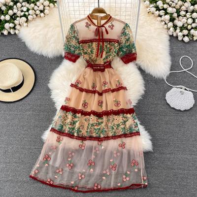 China Floral Print Short Mesh Dress Vestidos Elegantes Para Casual Mujer O-Neck Summer Women Vintage Viable Bridesmaids Dresses for sale