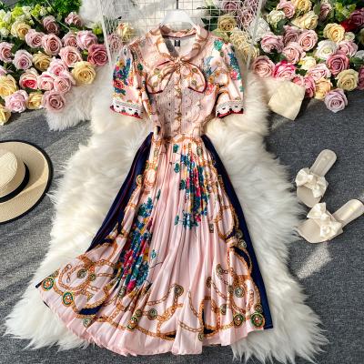 China Viable Bridesmaids Dresses Pleated Vintage Women Summer Short Sleeve Floral Print Casual Dress Vestidos Elegantes Para Mujer for sale