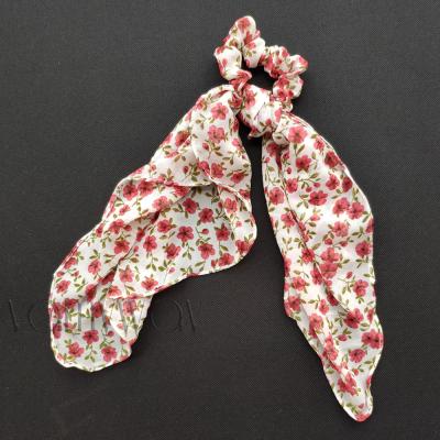 China 2022 Girls' Hair Decoration Chiffon Long Bow Tail Scrunchies Hair Scrunchies Women's Custom Printing Floral Hair Accessory for sale