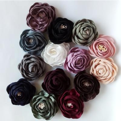 China Girls Hair Decoration 2inch Satin Camellia Fabric Handmade Flower For Wedding for sale