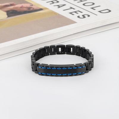 China FASHIONABLE Customizable Black Plating Stainless Steel Logo Pattern 316L Stainless Steel Blue Line Watch Band Adjustable Size Bracelet For Men for sale