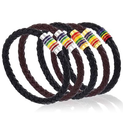 China Vintage Wholesale Casual/Sporty Style Cowhide Leather Woven Rainbow Magnetic Buckle Wristband for sale