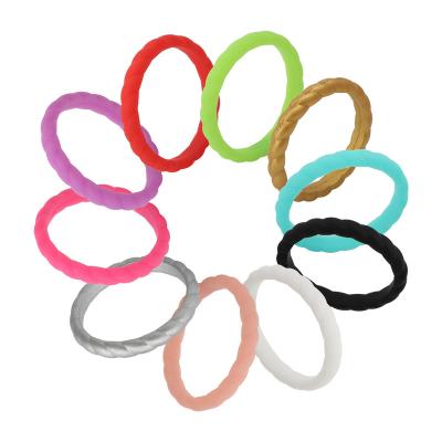 China FASHIONABLE 3mm Width Embossed Silicone Gummed Finger Rings Slim Braided Stackable Wedding For Women And Men Rings for sale