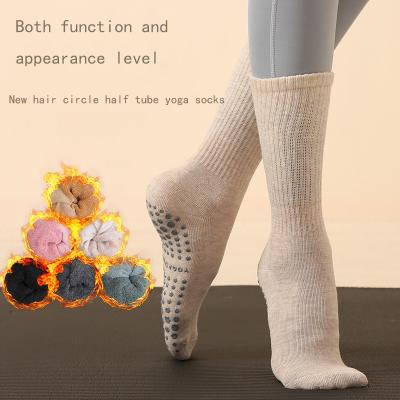 China Wholesale custom logo breathable new mid-tube thickened non-slip winter yoga thongs logo logo ladies handle thongs pilates socks strong handle so for sale