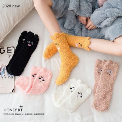 China New Breathable Coral Women Fleece Socks Spring And Summer Terry Thickening Cute Cartoon Embroidered Middle Tube Sleep Women's Socks for sale