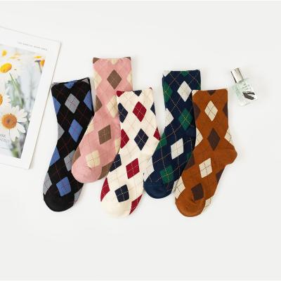 China Fashional adult cotton thongs spring and summer socks women's tube socks diamond lattice retro British style thump color cotton socks college style for sale