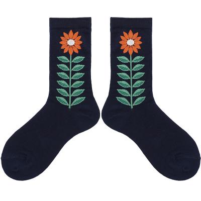 China Fashional adult cotton thongs spring and summer combed cotton lovers seam long tube handmade breathable sunflower cute socks for men and women for sale