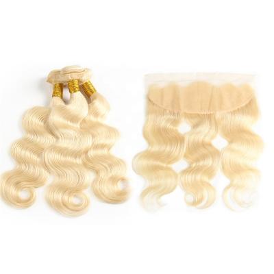 China Luster Shipping Now Natural Hand Tied 613 Afro Virgin Body Wave Straight Wave Weft Blonde Virgin Hair Bundles With Lace Headband for sale