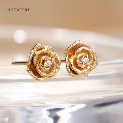 China Cute Solid 14K Yellow Gold S Mother's Day Gift Diamond Aretes De Flores Genuine Gold Custom Made Rose Flower Earrings“ for sale