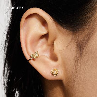 China Cute Solid 14K Yellow Gold S Mother's Day Gift Diamond Aretes De Flores Genuine Gold Custom Made Rose Flower Earrings“ for sale