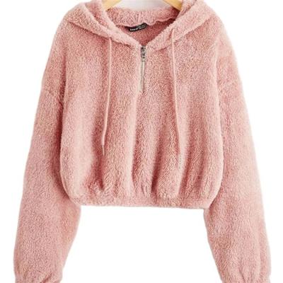 China Teddy Bear 2022 Plush Fashion Hoodies Women Winter Warm Crop Shoulder Sustainable Harajuku Hoody Pullover Top Sweatshirt Harajuku Hoody for sale