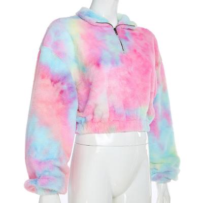 China Newest Viable Women Tie Dye Woolen Jumper Hip Hop Fur Jacket Contrast Color Coat for sale