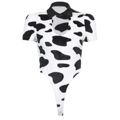 China 2022 New Cow Print Slim Fit Slim Fit Jumpsuit Buttocks Hollow Standable Short Sleeve Stand Collar for sale