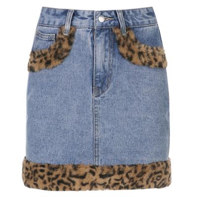 China Sustainable Leopard Faux Fur Patchwork Denim Skirts For Women Mini Skirt With Pockets for sale