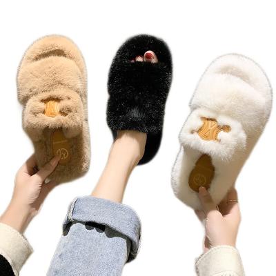 China Flat women 2022 the new fur home women's fashion and winter slippers women's clothing plush Word drag new autumn rabbit shoes for sale