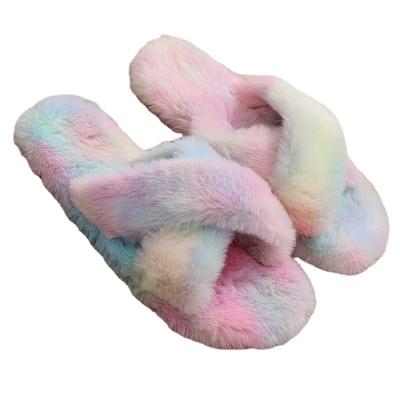 China Fashion Trend Cross Strap TPR Winter Single Fuzzy Indoor Plush Faux Fur Fluffy Slippers For Women Lady for sale