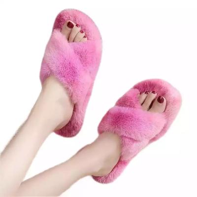 China Female Warm Color Candy Color Winter Wear Plush Faux Fur Indoor Outdoor Slippers Fashion Cross Cotton Furry Women Home Shoes for sale