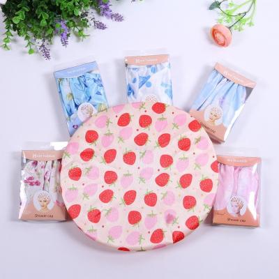 China EXFOLIATE Promotional Floral Print Satin Bulky Fabric Water Resistant Durable Shower Cap for sale