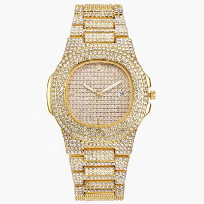 China Automatic date watch factory in stock all diamond alloy steel gold watch women jewelry dress luxury wristwatch for sale