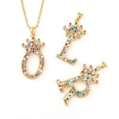 China High Quality Colorful Rainbow Crystal Pendant Necklace Crown Letter Hip Hop Accessories Bracelet Pendant Necklace for sale