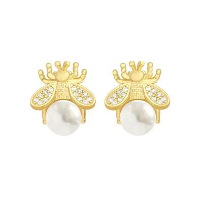 China Fashion Factory Wholesale Cute Ladies Cute Jewelry Bee Pearl Gold Earrings 925 Sterling Silver Stud Earrings For Women for sale