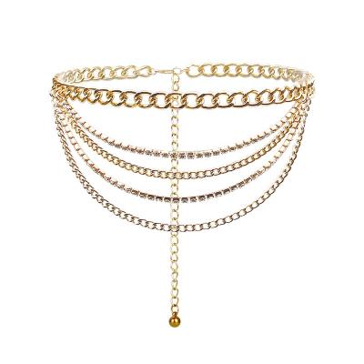 China Hot Selling Hiphop Amazon Fashion Trend Zircon Body Chain Multilayer Cuban Wild Jewelry Gold Belly Chain Waist Chain Men and Women for sale