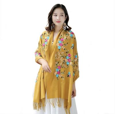 China Fashion Elements Classic Flowers Tassel Handmade Embroidery Designer Cashmere Scarf High Quality for sale