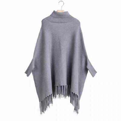 China Anti-wrinkle turtle neck warm cuff tassels pullover poncho sweater poncho sweater sheer loose knitted shawl Anti-wrinkle long for ladies for sale