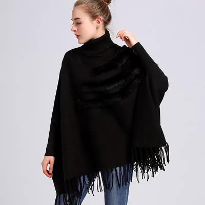 China Fashion Anti-wrinkle Denial Collar Over Waist Knit Poncho Rabbit Hair Fringe Sweater To Keep Warm Hold Shawl for sale