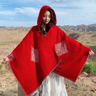 China Fashionable And Warm Ethnic Grid Blanket Poncho Shawl Cotton Printed Small Tassel Style Female Coat Thickened Warm Travel Scarf With Hood for sale