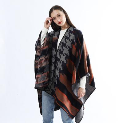 China Fashionable and Warm Winter Cashmere Pashmina Shawl Houndstooth Striped Navy Blue Shawl Cape for sale