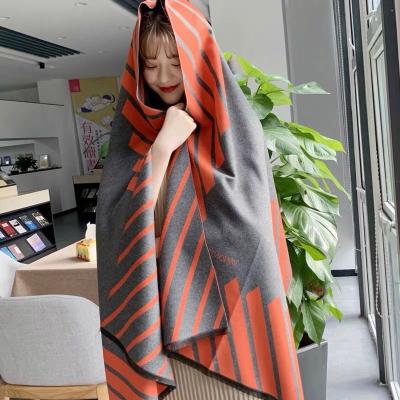 China Casual Thick Tassel Canvas Lady Scarves Fashion Trend Winter Stripe Cotton Cashmere Warm Scarf for sale